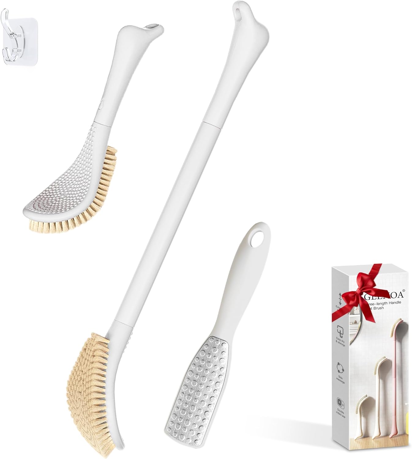 New Foot Brush & Foot File Set(2PCS), 3-in-1 Foot Scrubber in Shower, 10.2’’-27.5’’Adjustable Long Handle Foot Scrub Brush and Upgrade Foot File Callus Remover, Gift-Box Packed(White Set)