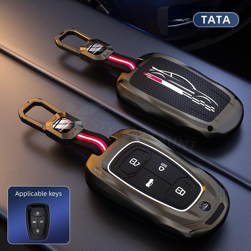 Image of Racer Metal Car Key Cover Compatible with Tata Safari, Nexon, Altroz, Harrier & Punch | 4 Button Smart Key Case | Premium Waterproof Silicone KeyShell with Keychain