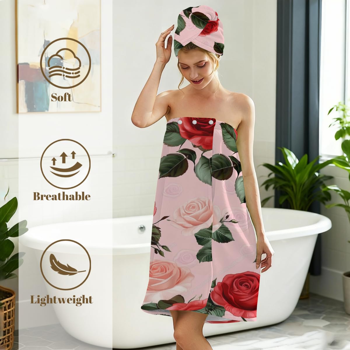 Lot de 2 serviettes de douche en microfibre pour femme avec serviette à cheveux, rose rouge, robe avec bonnet de séchage des cheveux pour plage, piscine, spa