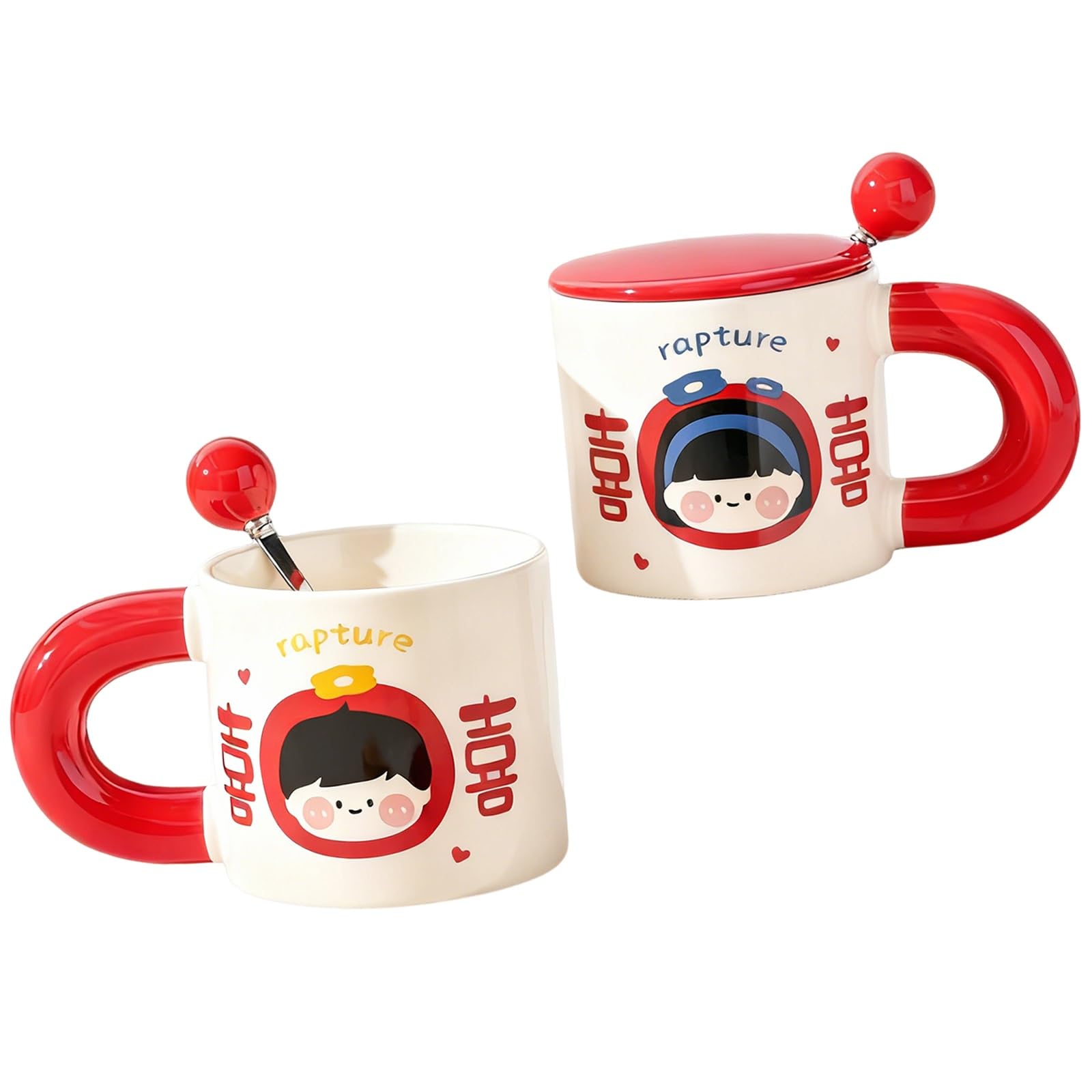 Tazza da tè dal Design Unico, Tazza in Ceramica con Coperchio e Cucchiaio a Forma di Ragazzo Felice, da Caffè da 380 Ml per tè e Caffè, Grazioso Regalo di San o Natale(Red)