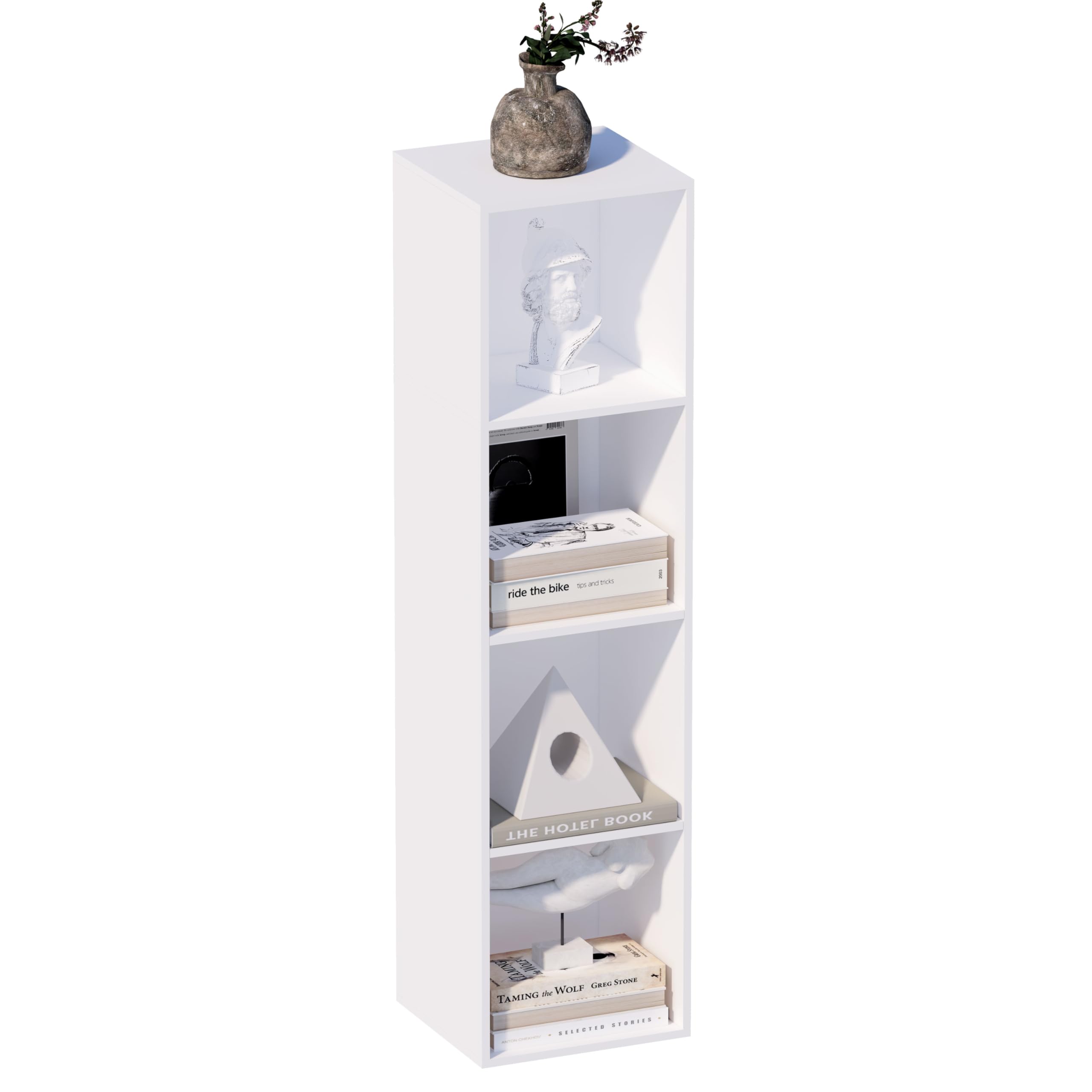 4 Cube Storage Unit, Freestanding Open Shelf Tall Narrow Bookcase, White