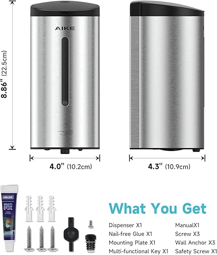 Miniatura 9 de AIKE Dispensador automático de jabón de espuma de montaje en pared 25 OZ comercial de gran capacidad modelo AK1205FA de acero inoxidable (cepillado)