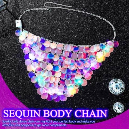 Zoestar Light Up Mermaid Sequin Skirt Sparkly Waist Body Chain Rave Accessories for Women4