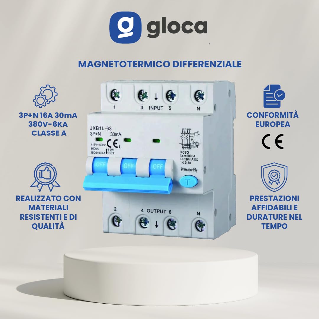 gloca Interruttore Magnetotermico Differenziale 3P+N 30mA 380V-6KA Classe A (16 Ampere)