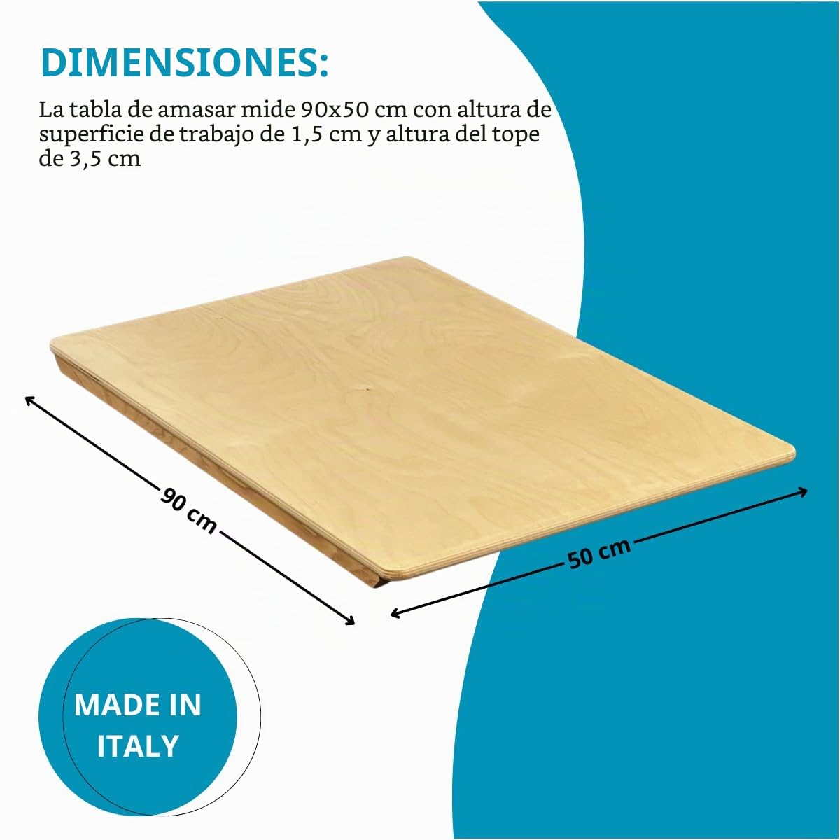 TOMAINO - Tabla para amasar de madera de abedul - Tabla para la pasta, pizza y pasteles (90 x 50 cm)
