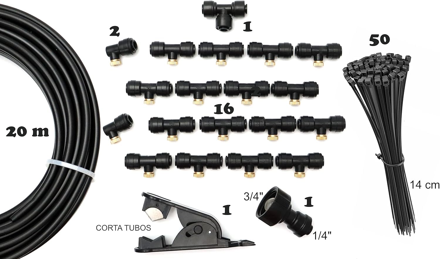Kit de Nebulizador para Terraza. Compuesto por: 18 Toberas de Latón de enfriamiento, 20 Metros de Tubo Negro, 50 Bridas, 1 Cortatubos, 1 Enlace de grifo y 1 T de Distribución