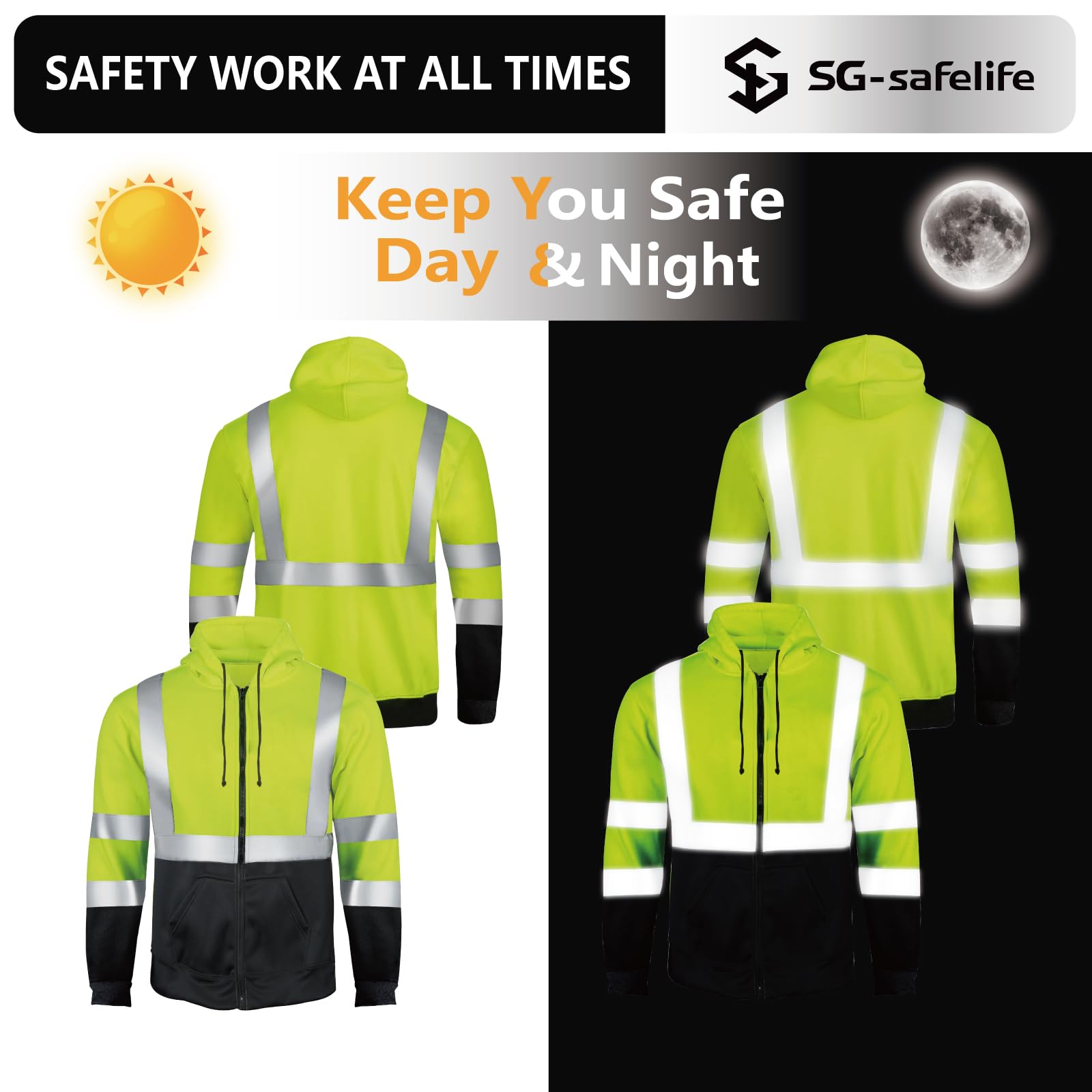 High Visibility Hoodie for Men, Hi Vis Reflective Zippered Hoodie Sweatshirt, Construction Work Safety Jacket with Black Bottom, Class 3 (Neon Yellow, L)