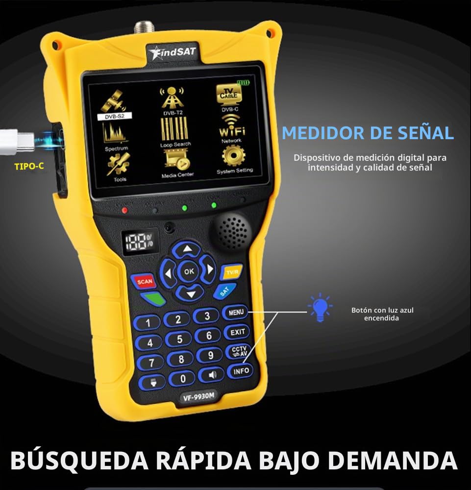 VF-9930 MAX Full HD 1080P Medidor de señal de satélite Digital Buscador Soporte DVB-S/S2 DVB-T/T2/C Combo Receptor de TV Analizador de Espectro MPEG2 y MPEG4 y H.264 y HEVC H.265 (10 bit)