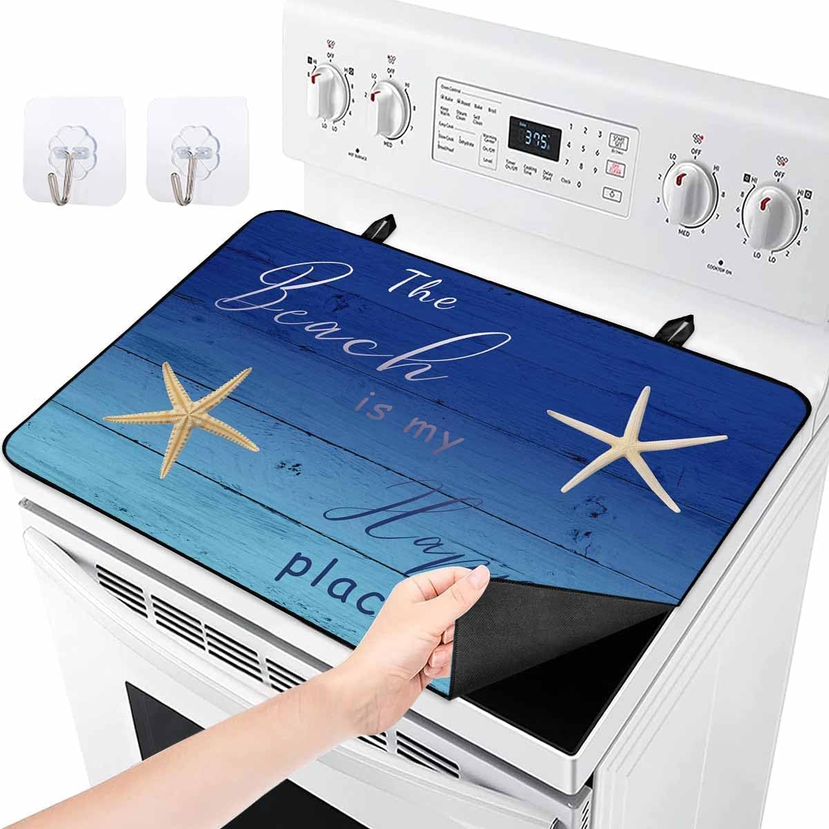 Stove Cover for Electric Stove, Ocean Beach Theme Dark Blue Gradient Wooden Board Stove Top Cover for Glass Top, Heat Resistant Rubber Mat Foldable Cooktop Cover Top Protector, 28.5"x20.5"