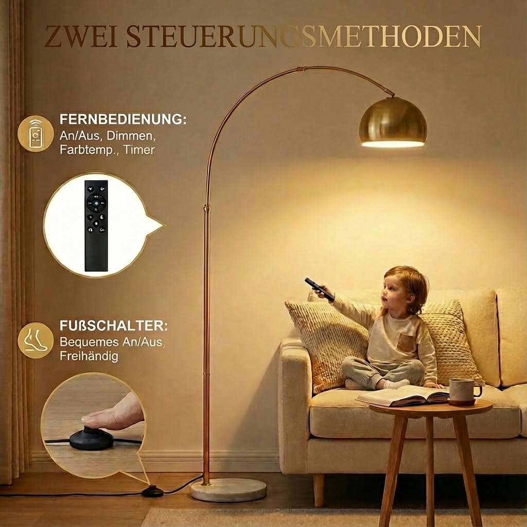 Stehlampe Wohnzimmer Dimmbar Gold, Modern Glockenschirm Design LED Stehleuchte mit Fernbedienung, Timer, 3 Lichtmodi und Speicherfunktion, 175cm Höhenverstellbar Bogenlampe Fußschalter Schlafzimmer