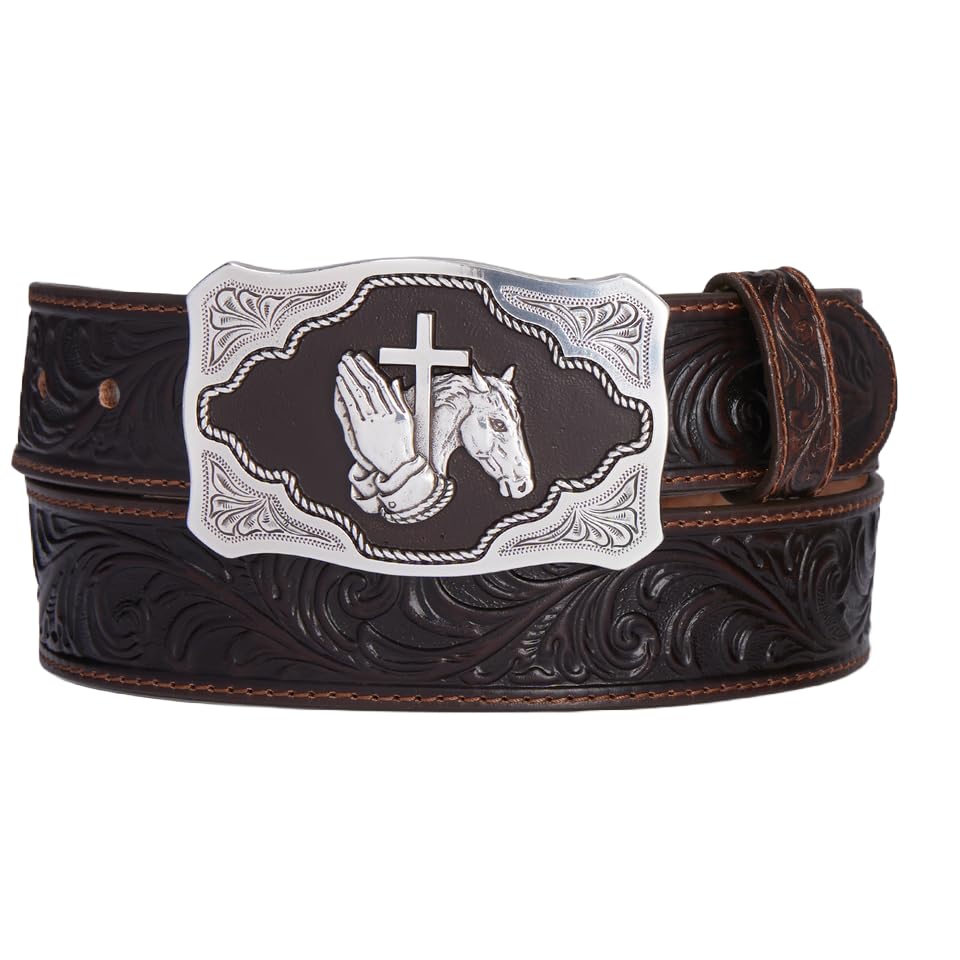 Brown Leather Floral Belt for Men by Tony Lama