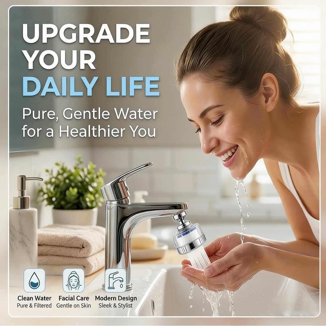 Filtro Acqua Rubinetto, filtro acqua a 360°, con 3 elementi filtranti, Filtro Calcare Rubinetto Cucina Girevole, Facile Installazione, per Casa, lavello, cucina, bagno, Lavandino