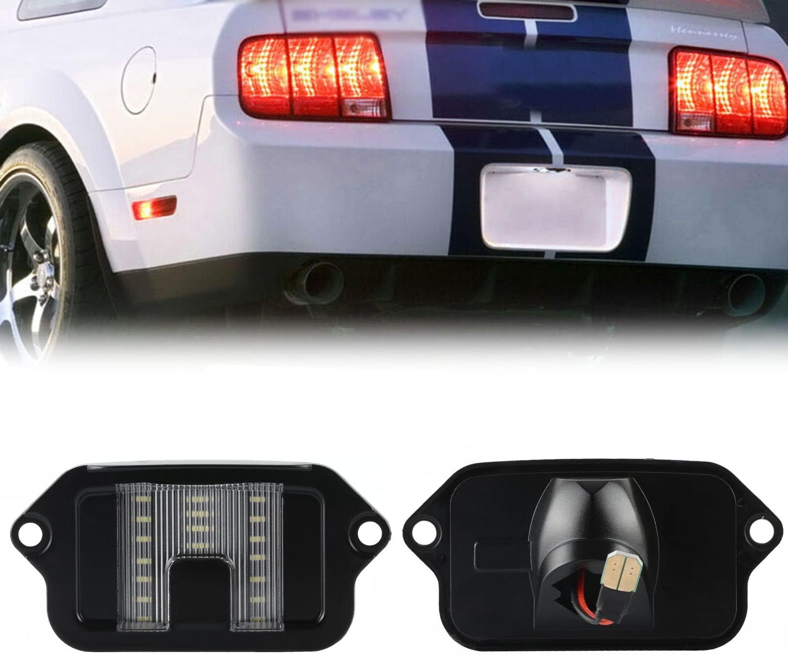 - Full LED License Plate Light Tag Lamp Housing Assembly Replacement Waterproof For 2005 2006 2007 2008 2009 Ford Mustang - 6000K Diamond White, 1-Piece