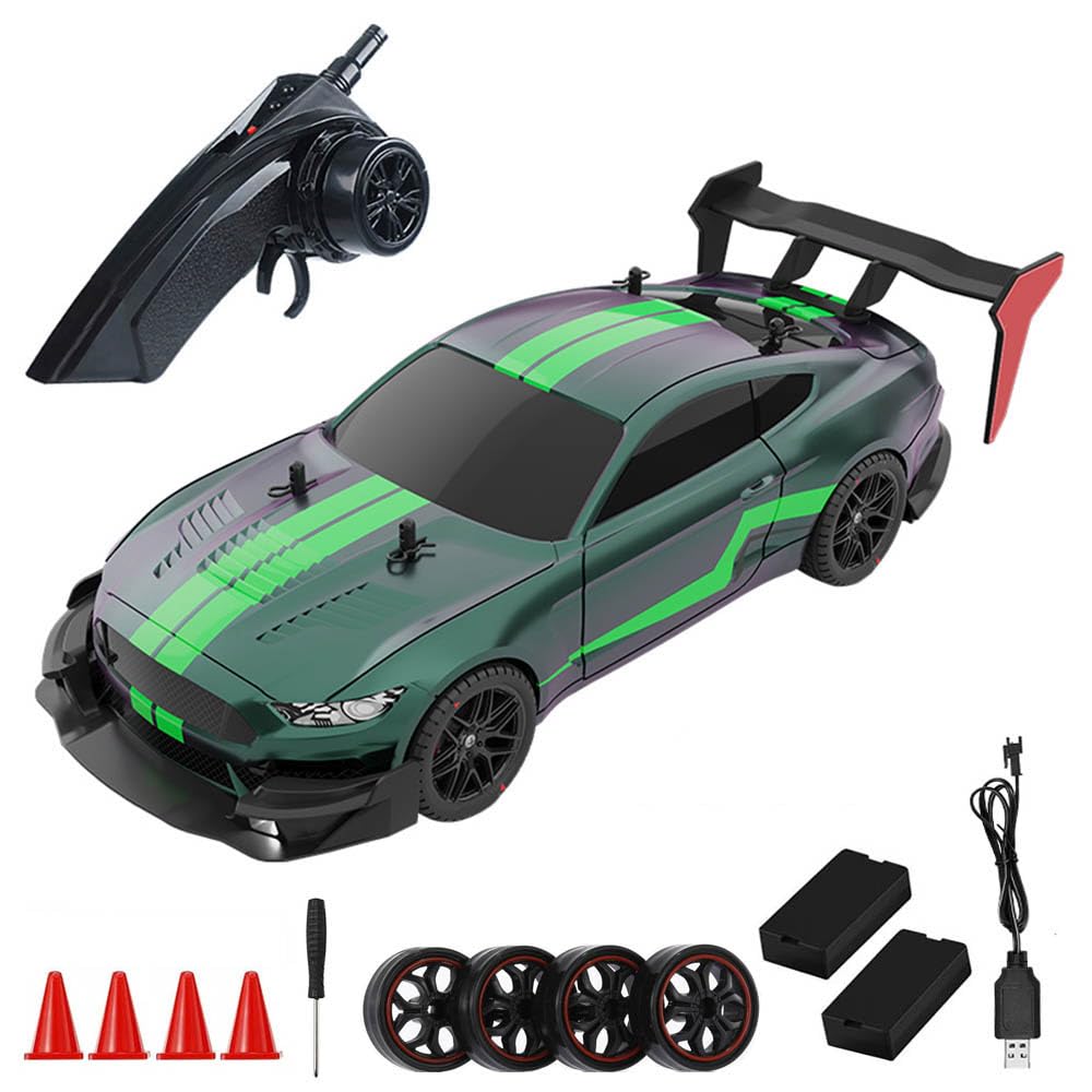 RC Drift Car, 1:14 4WD 40KM/H High Speed RC Racing Car with LED Lights, 2 Batteries, Drifting and Racing Tires for Adults (Green)