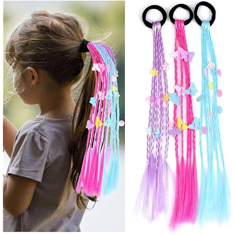 Chaioe 3 Pieces Colored Braids Hair Extensions with Rubber Bands Butterfly Ponytails Hair Bows Flower Hairpieces Glitter Braided Hair Extensions for Women Kids Girls Cover