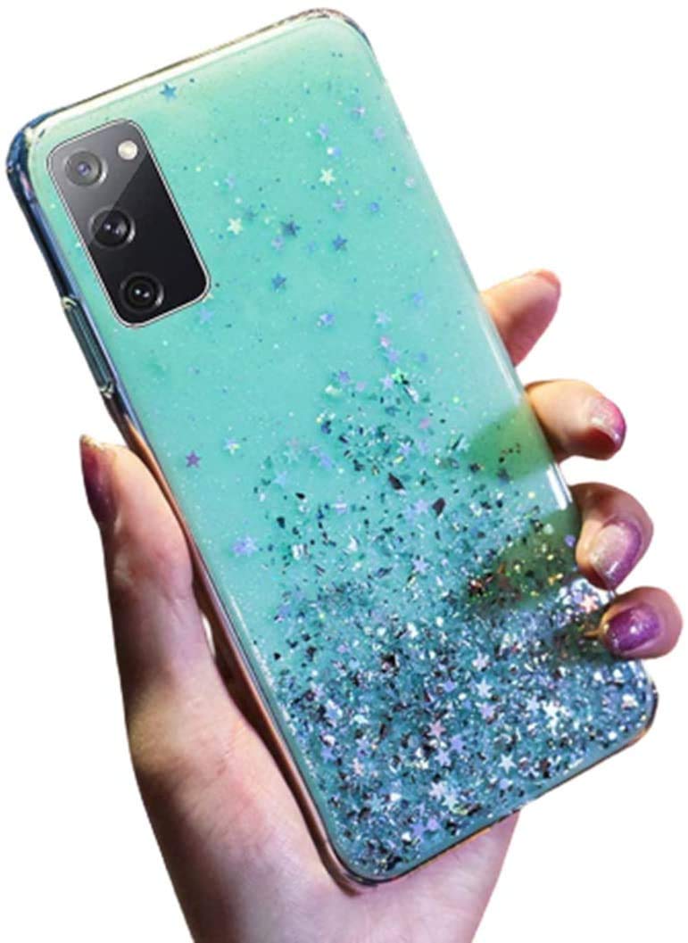 Lozeguyc Compatible with Galaxy A12 Clear Back Bling Case, Flexible Transpatent Glitter Sparkle TPU Shockproof Soft Bumper Anti-Scratch Protective Case Compatible with Samsung Galaxy A12-Green