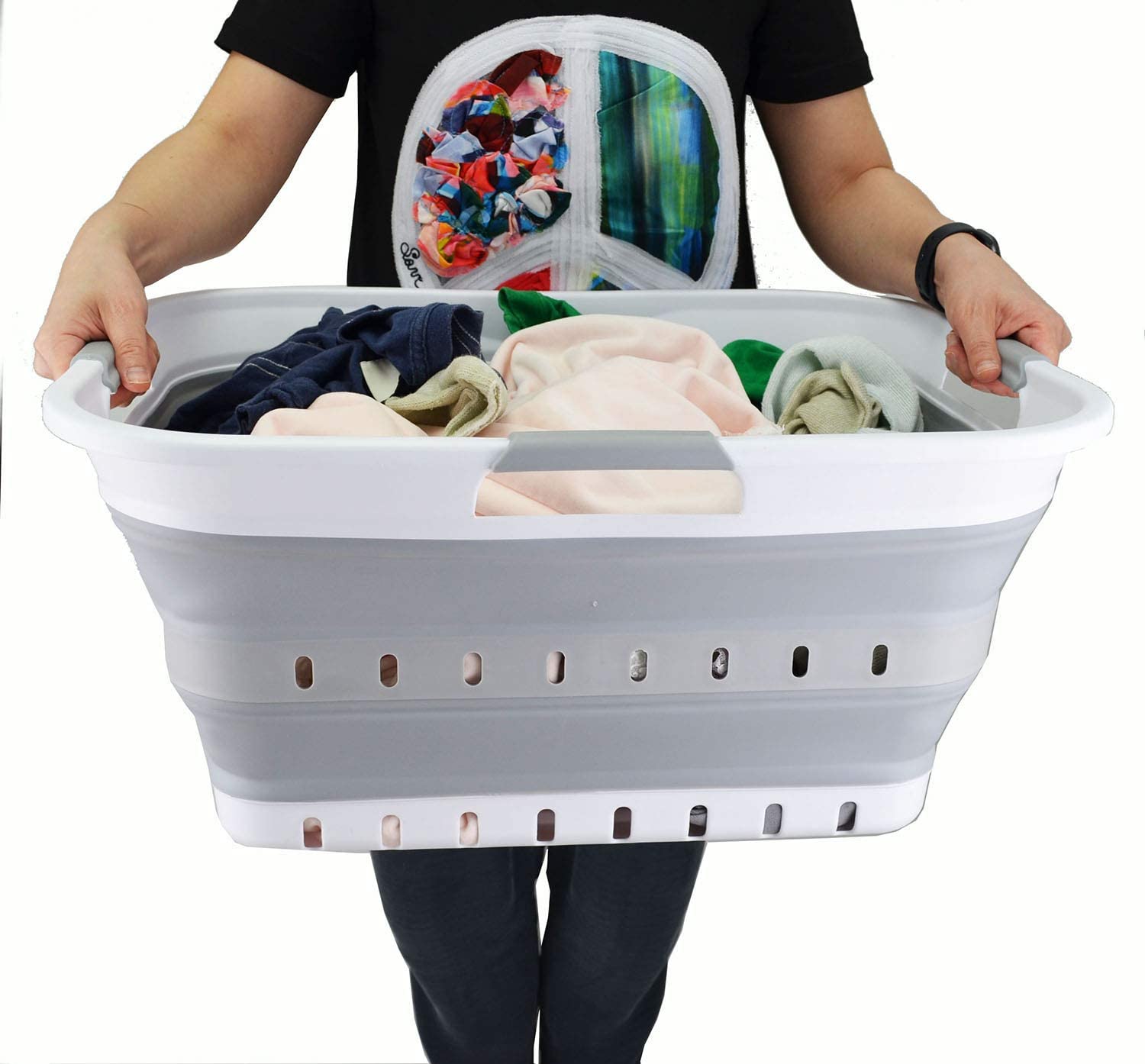 SAMMART 42L 2er-Set zusammenklappbarer Kunststoff-Wäschekorb-faltbarer Pop-Up-Aufbewahrungsbehälter/Organizer-tragbare Waschwanne-platzsparender Korb/Korb (2, Weiß/Grau)