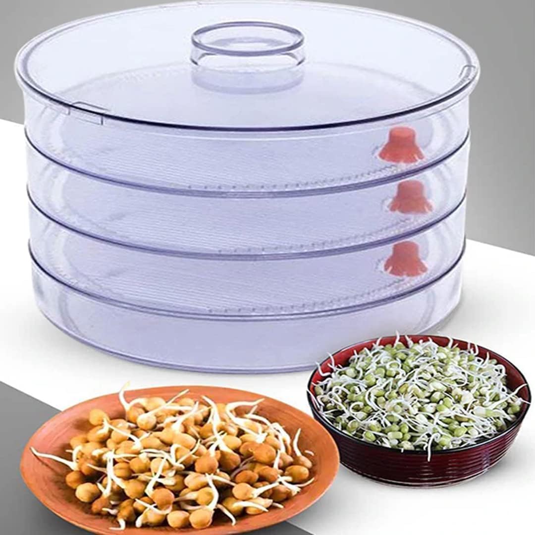 Sprout Maker with 4 Compartments for Multi Purpose Use - Plastic Grocery Container, Sprouter Germinator for Grains, Seeds, Chhole, Chana, Beans, Sprouter Organic Sprouting Trays (4) - Large