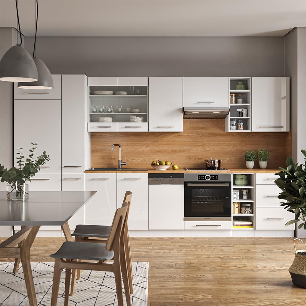 Vicco Cucina componibile Fame-Line, Bianco lucido/bianco, 355 cm senza piano di lavoro, adatto per l'espansione personalizzata con moduli aggiuntivi