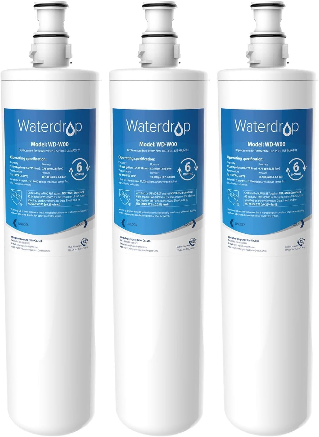Waterdrop 3US-MAX-F01 Maximum Under Sink Water Filter, Replacement for Advanced 3US-PF01, 3US-MAX-F01, 3US-PS01, 3US-MAX-S01, Manitowoc K-00337, K-00338, NSF/ANSI 42 Certified, Pack of 3