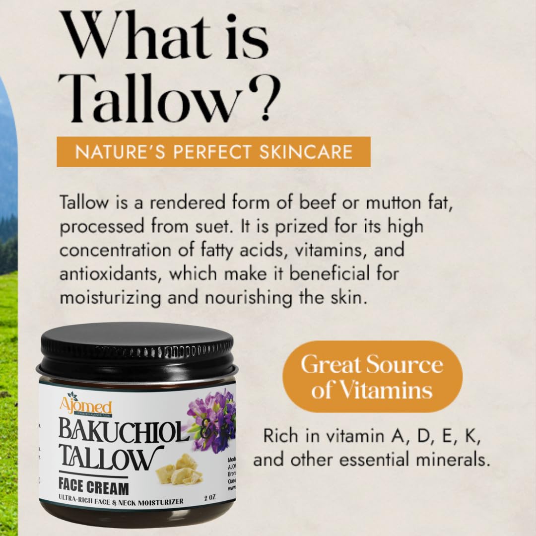 Beef tallow face cream with 2% Bakuchiol oil- Handmade NON GREASY anti aging tallow for skin- face moisturizer, Natural retinol- eczema cream, anti wrinkle, fine lines (Frankincense)