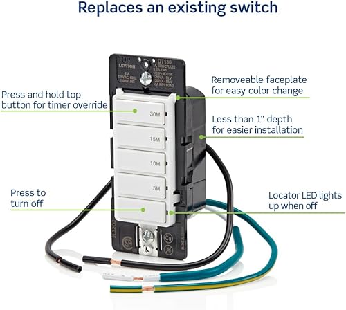 Miniatura 3 de Interruptor temporizador de cuenta regresiva para ventilador de baño y luces domésticas, 5-10-15-30 minutos, no requiere neutral, un solo polo, 15A,