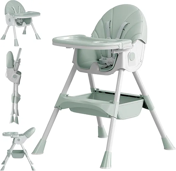 Baby High Chair, 5 in 1 High Chairs for Babies and Toddlers, Travel Foldable High Chair with Foot Rest, Detachable PU Cushion, Double Removable Tray, Adjustable Height & Recline