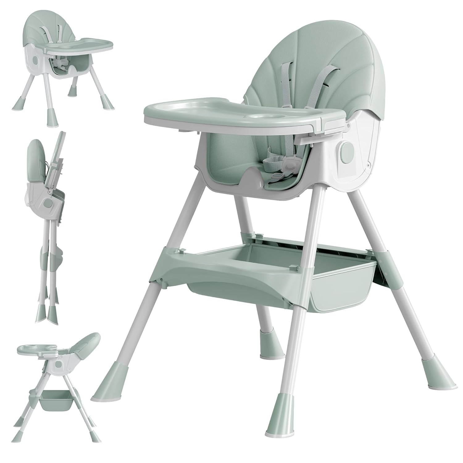 Baby High Chair, 5 in 1 High Chairs for Babies and Toddlers, Travel Foldable High Chair with Foot Rest, Detachable PU Cushion, Double Removable Tray, Adjustable Height & Recline Solid Turquoise