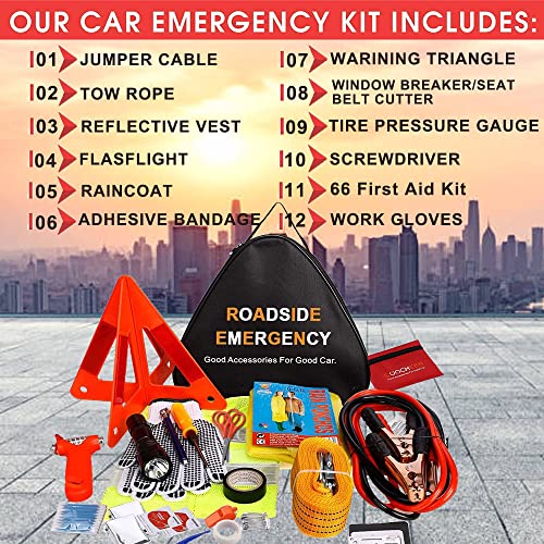 Car Emergency Kit With Jumper Cables, Auto Vehicle Car Safety Roadside Assistance Kit With First Aid Kit, Tow Rope, Car Window Breaker, Winter Car Emergency Kit For Women, Men, Teen #TOP1