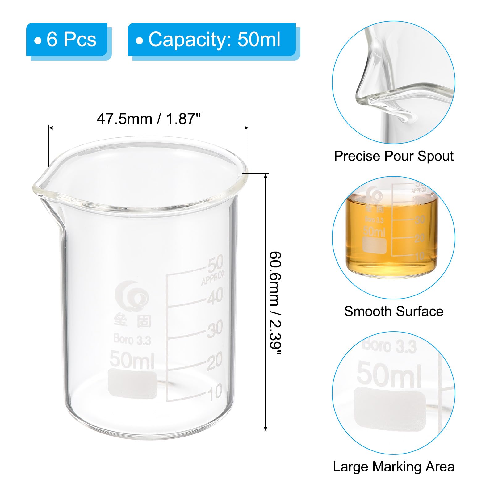 PATIKIL 10ml Low Form Glass Beaker, 6Pcs 3.3 Borosilicate Glass Beakers Graduated Measuring Cup with Spout for Lab Experiment, Cooking and Baking, Clear