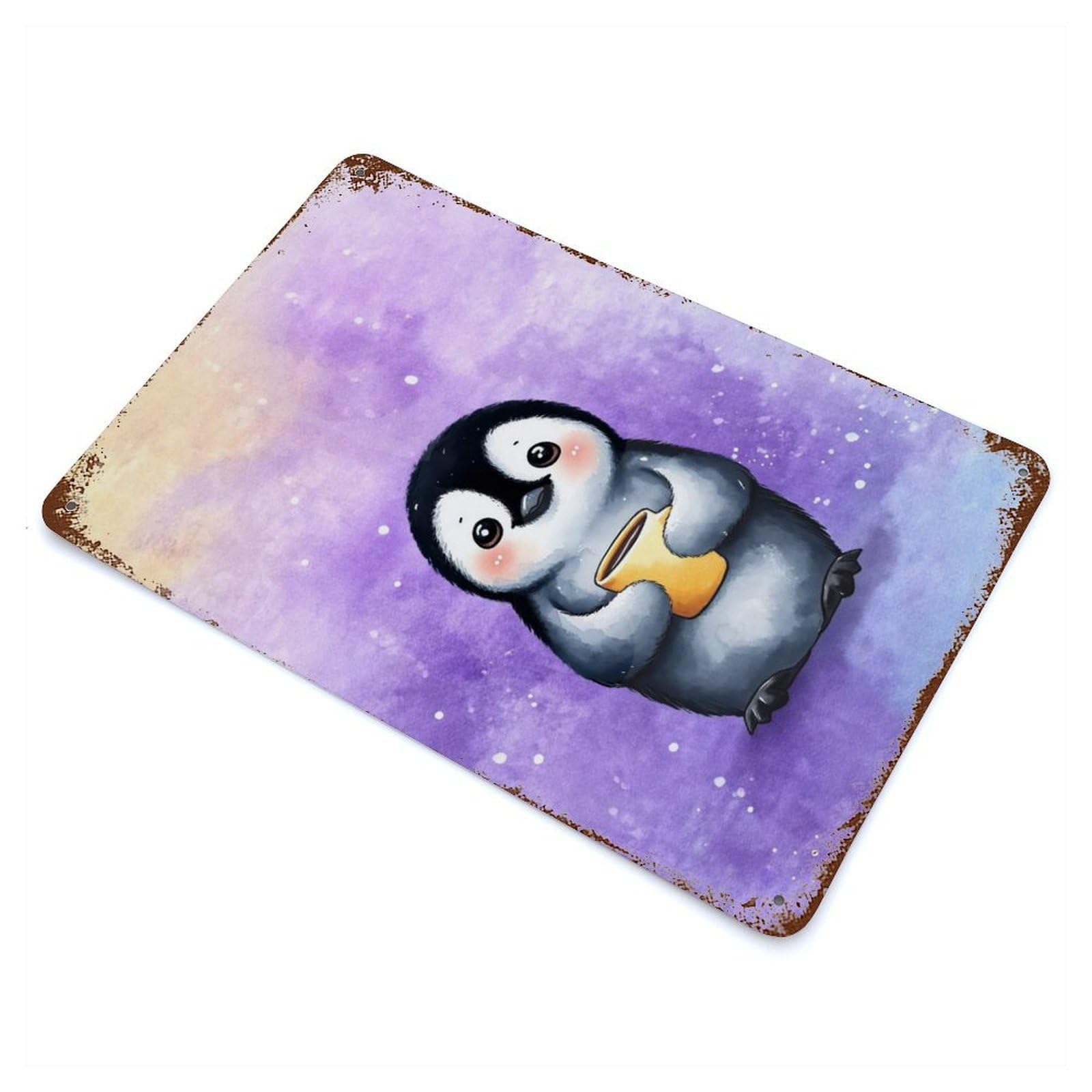 Retro Metal Sign with Cute Penguin with Coffee Design 11.8"x7.9", for Living Room, Hallway And Home Decor, Vintage Wall Decor