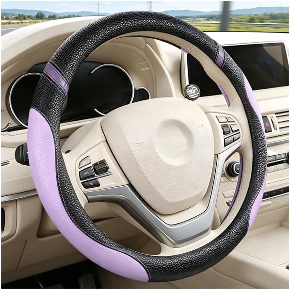 Car Steering Wheel Cover, 14.5-15" Leather Breathable Anti-Slip Steering Protector with Comfort Grip, Auto Wheel Protection Accessories, Universal Fit (Black/Purple)