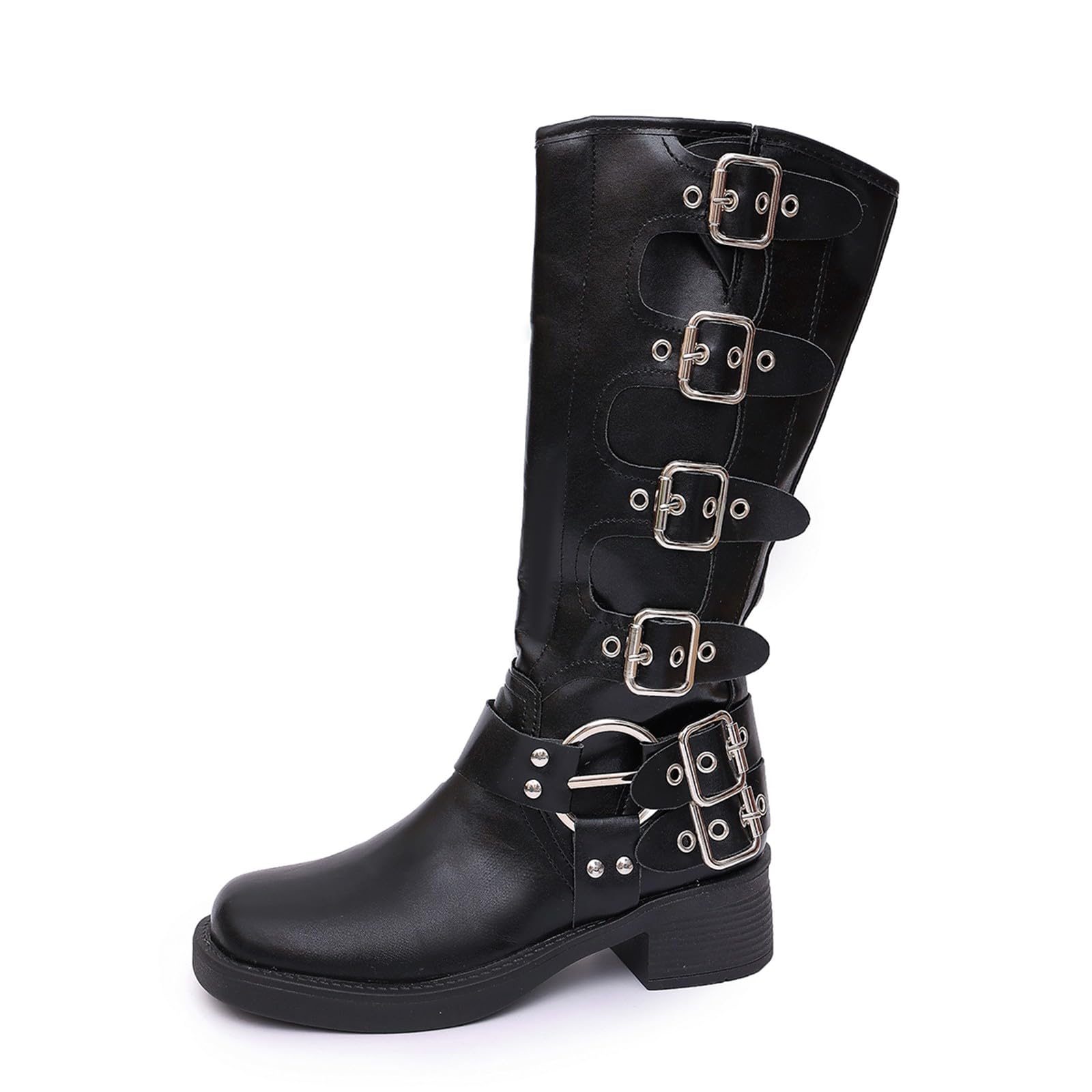 Generico Scarpe Stivali da Donna Al Polpaccio Biker Motociclista Boots | Stivaletti Fibbie Anfibi, in PU