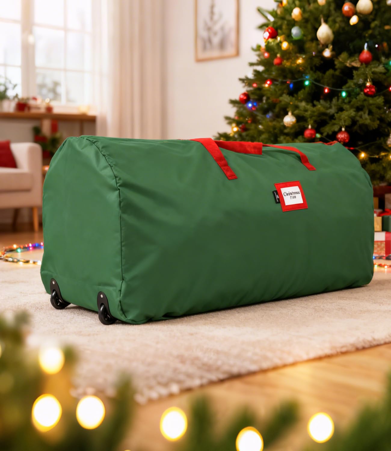 Borsa per Albero di Natale con Ruote, Sacca per Albero di Natale in Tessuto Oxford 600D Impermeabile, Verde Christmas Tree Storage Bag con Cerniera e Manici, Fino a 240 cm