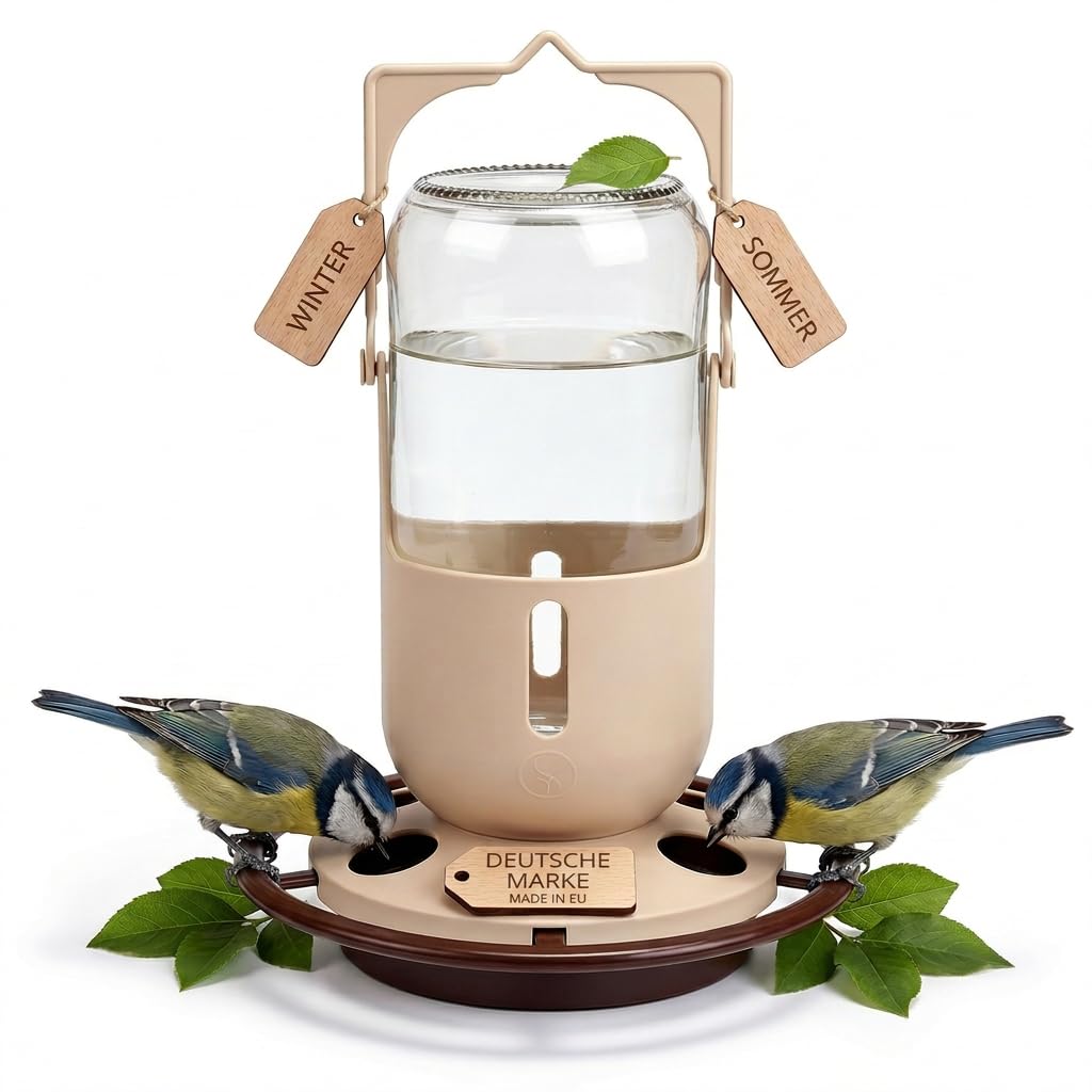 Vogeltränke 1L hängend aus Glas für Wildvögel – große Vogeltränke für sauberes Wasser auf Balkon & im Garten, wetterfestes Vogel Zubehör Hergestellt in der EU