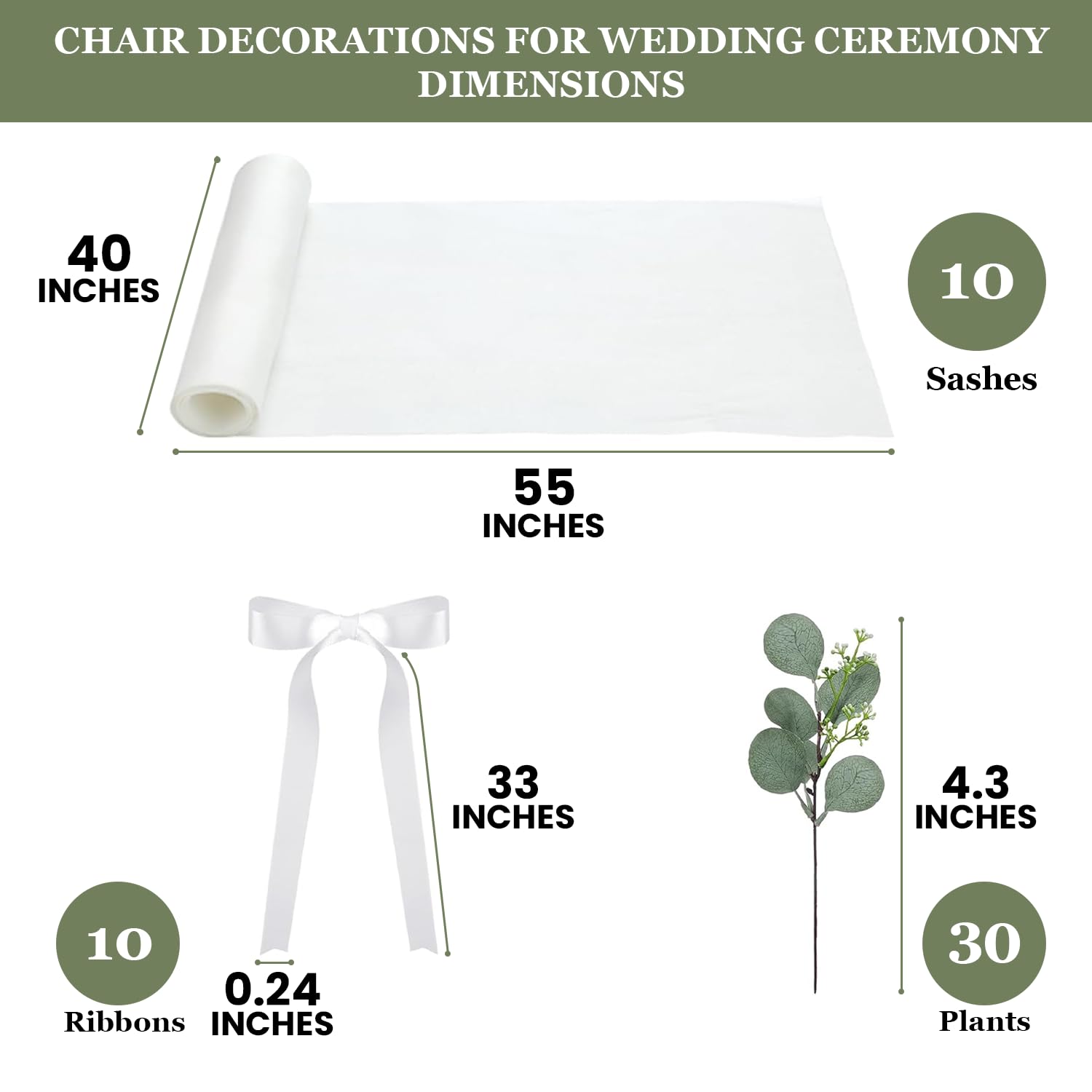 MEMORAVITA Wedding Aisle Chair Decorations Set - 40 x 55 Inch - 50 Pack Includes 10 Draping Fabric White Chair Sashes, 10 White Ribbons, 30 Eucalyptus Plants, Chair Decoration for Wedding Ceremony