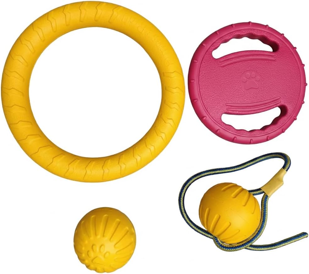 4 Pack Dog Toys for Large Dogs, Tough EVA Chew Toys Set for Aggressive Chewers - Outdoor Dog Toy Bundle with Tug Ring, Flying Disc, Squeaky Ball & EVA Ball for German Shepherd Labrador