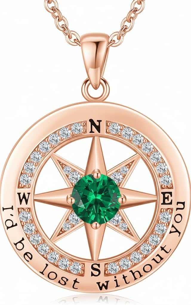 Compass Necklace for Women Wife Girlfriend Mom Daughter Gifts S925 Sterling Silver Jewelry For Anniversary Rose Gold Gifts For Birthday Christmas Mothers Valentines Day 12 Birthstones