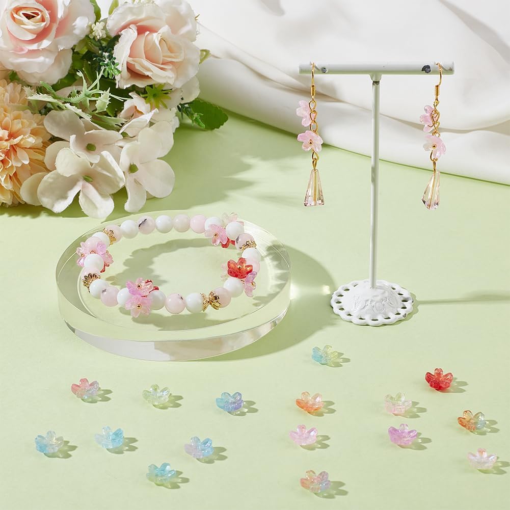 300 Pcs 15 Colors Glass Flower Beads, Cherry Blossom Bead 5-Petal Gradient Floral Bead Colorful Bell Flower Crystal Spacer Beads for DIY Necklace Bracelet Jewelry Making
