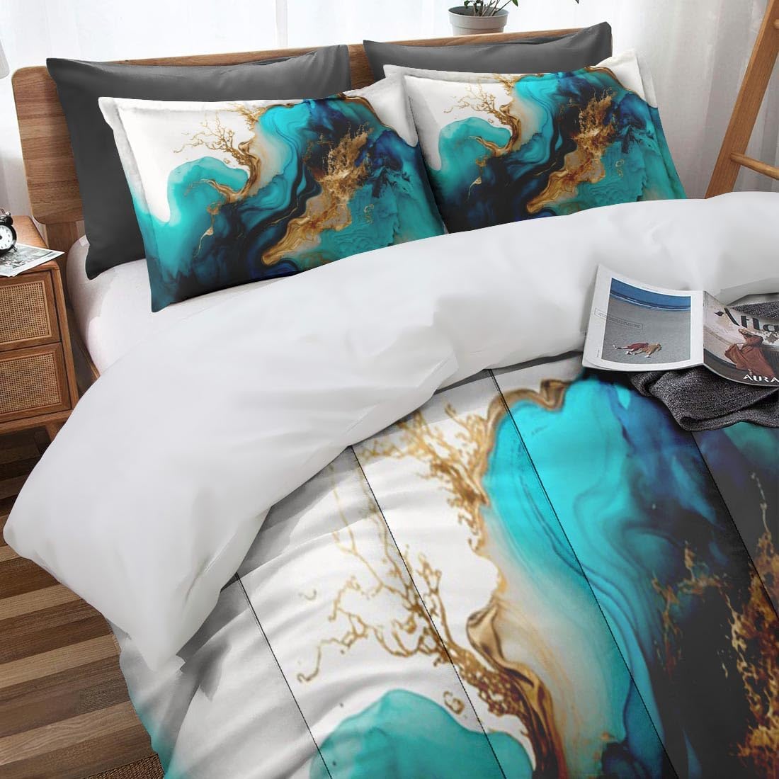 Mint Green Marble Gold Comforter Set King Size Teal Turquoise Blue Includes Comforter & Pillowcase Bedding for All Seasons Kids and Adults Bedroom Bed Decor - Image 2