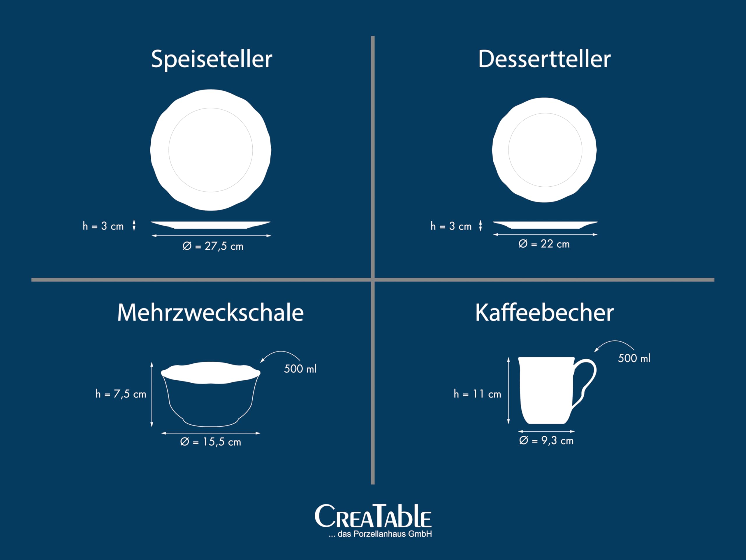 CreaTable, 24776, Serie Adelaide Blau, 16-teiliges Geschirrset für 4 Personen, Kombiservice aus Porzellan, spülmaschinen- und mikrowellengeeignet, Qualitätsproduktion