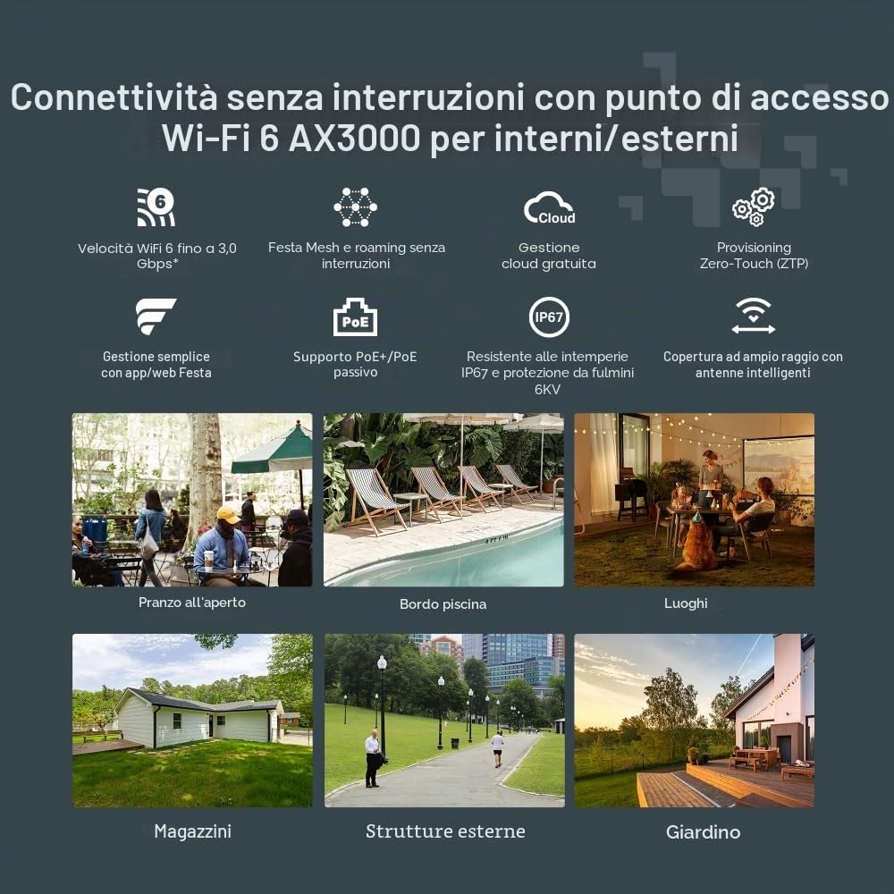 TP-Link Access Point WiFi 6 AX3000Mbps Interno/Esterno Dual Band, 1 Porta Gigabit Ethernet, Mesh&Seamless Roaming, SON, ZTP, Gestione Centralizzata, App/Web, Smart Antenne, IP67, Festa F65-Outdoor