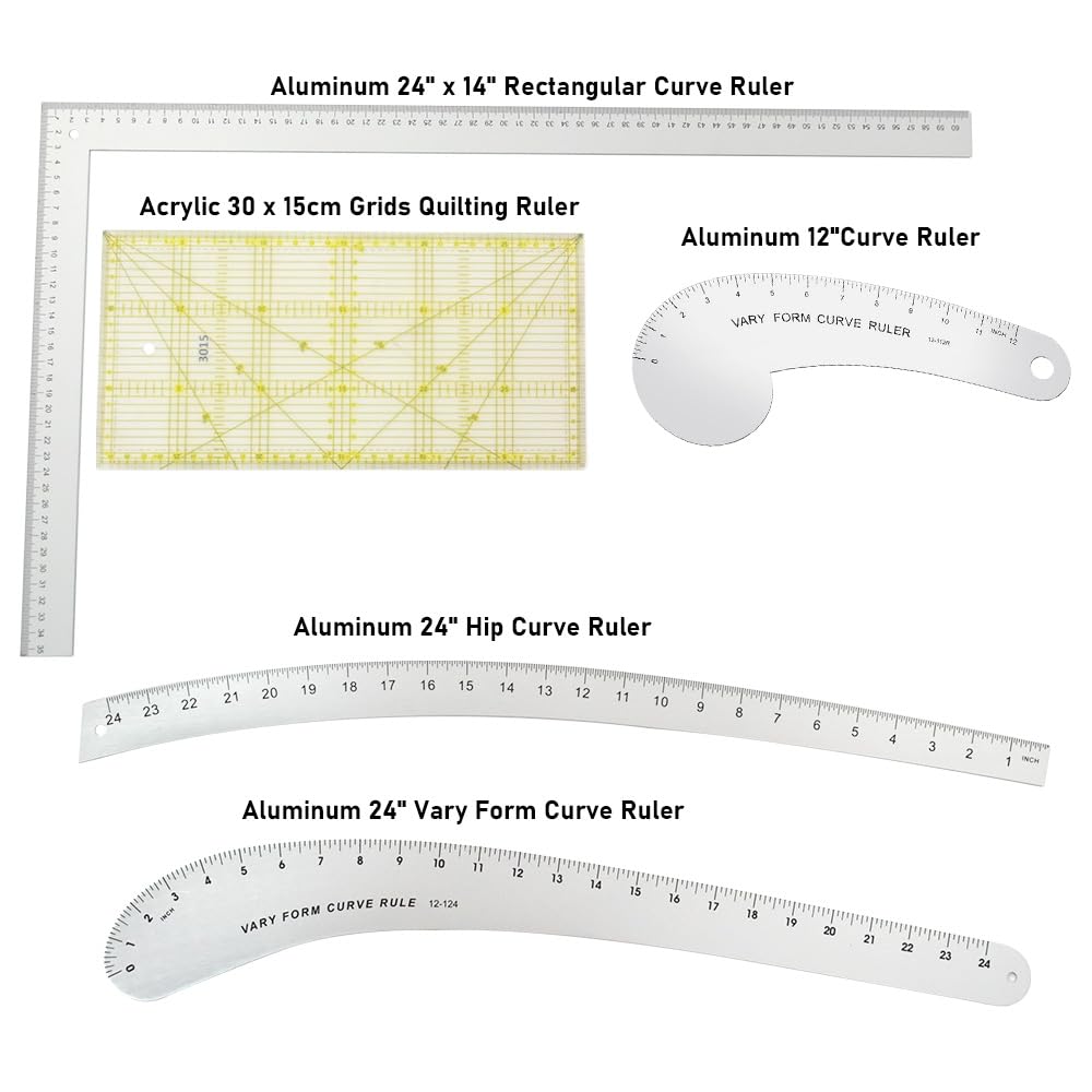 Morimoe Fashion Sewing Ruler, Vary Form Curve Ruler, French Curves Measuring Cloth Design, Drawing Pattern, Aluminum (5-Pcs Set)