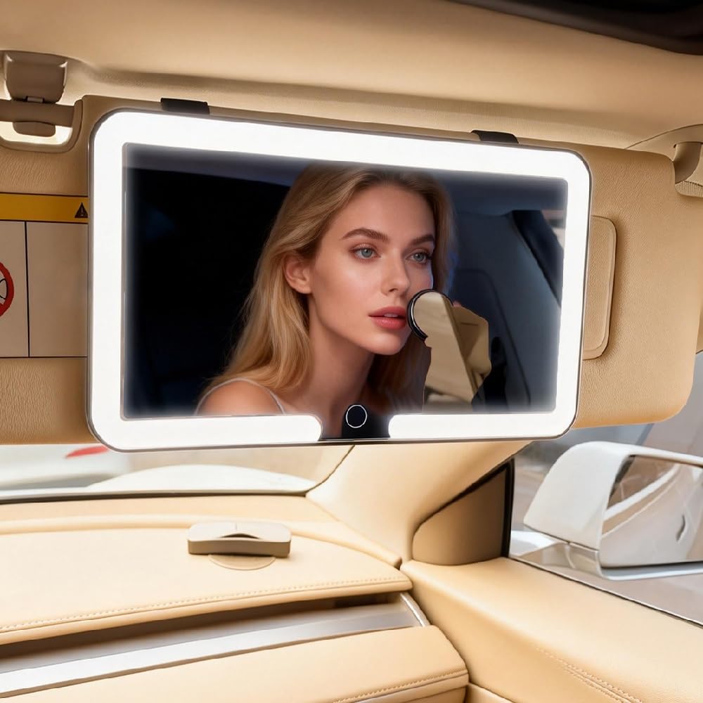 Universal Car Sun Visor Vanity Mirror with LED Lights & Touch Dimming - Vamotto LED Rechargeable Makeup Mirror Vanity Mirror for Women, 3 Color Modes,Car Mirror Accessories (Black)