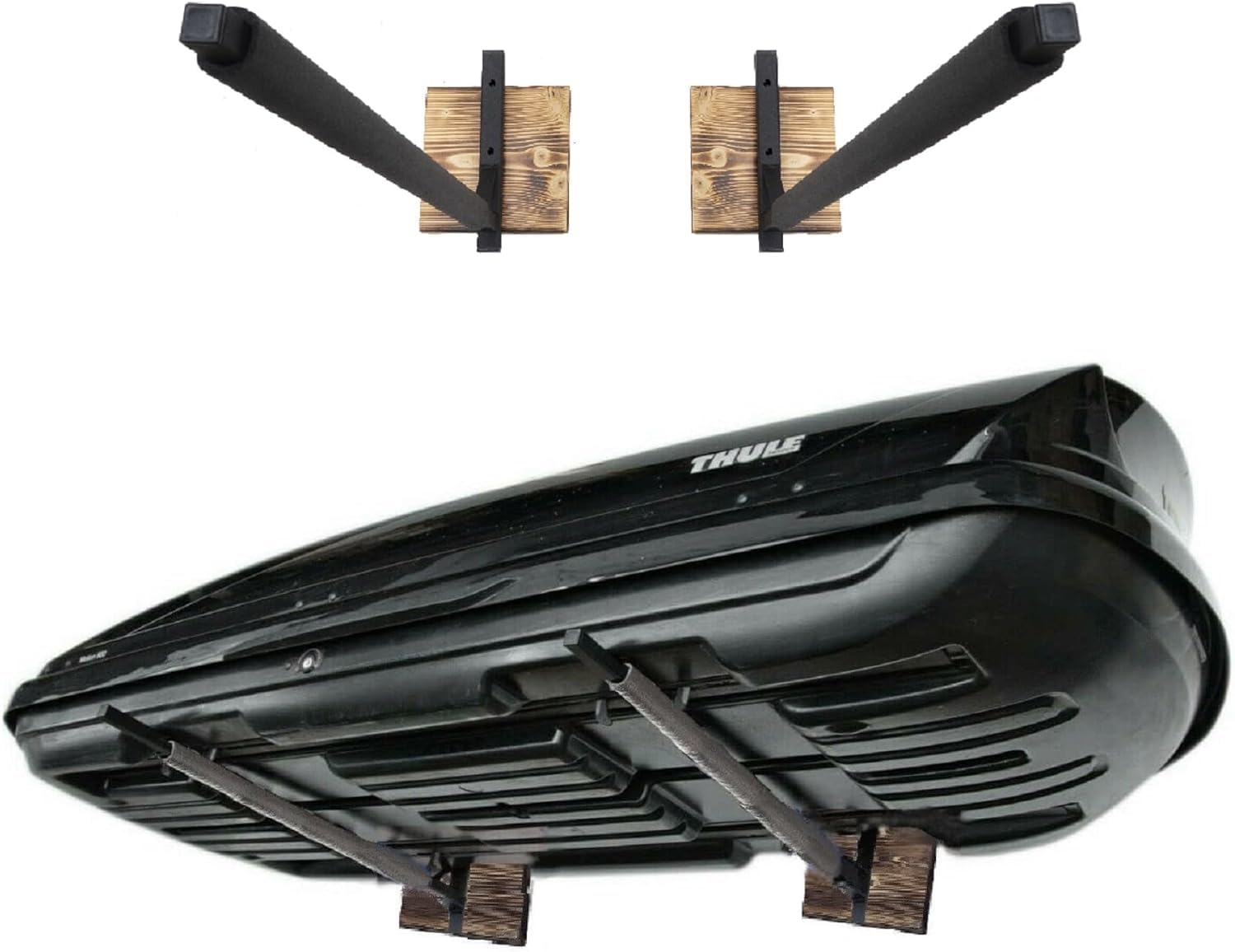 Dachbox Wandhalterung WSB.O schwarz 82 cm zur Aufbewahrung von Dachkoffer Gartengeräte Skibox Sportgeräte Surfbrett iSUP mit Stahl Holzbrett