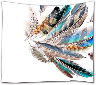 A.Monamour Tapices de Pared Acuarela Azul Blanco Marrón Colorido Plumas Patrón Tribal Arte Decoración Fondo Blanco Boho Hippie Mandala Colgante De Pared Tapiz Mural Arte Decoraciones Mantel 102x153cm