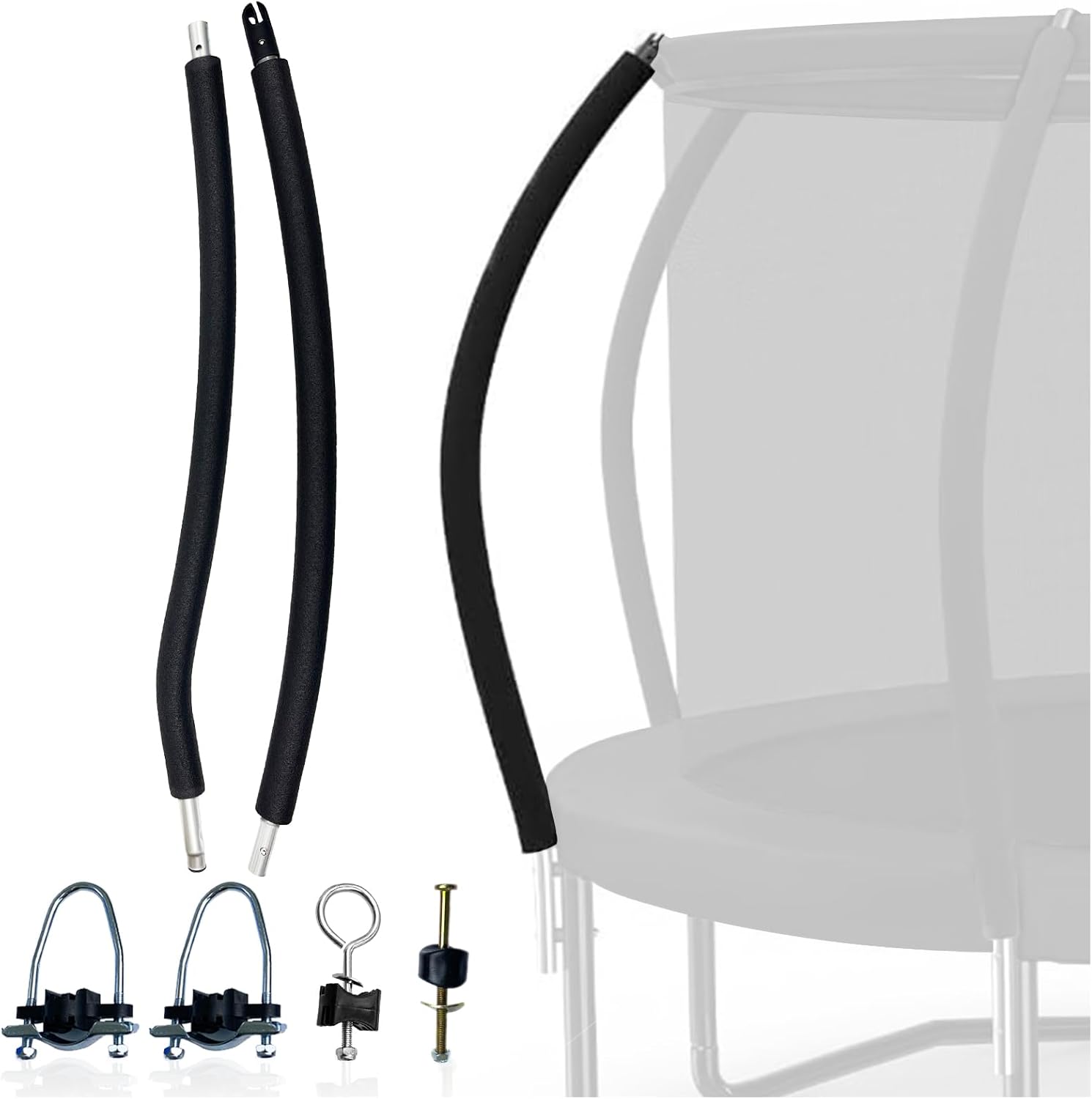 Trampoline Curved Net Pole with Foam Cover, Cap, Screw Bolt and Hardware, Replacement Trampoline Single Pole Fit 12-16ft Pumpkin Trampoline-Top Ring Enclosure Systems Single Net Pole