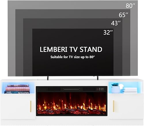 Miniatura 8 de Lemberi Soporte de TV para chimenea con chimenea de 36 pulgadas de hasta 80 pulgadas, centro de entretenimiento y almacenamiento con luz LED,