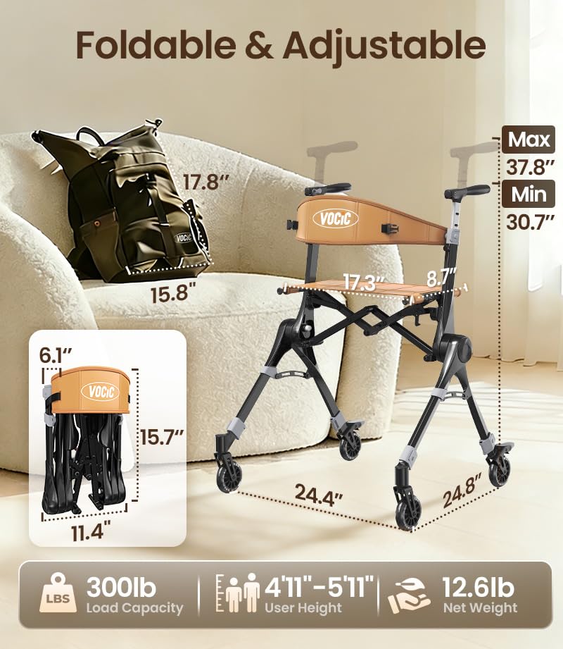 Image of VOCIC Lightweight Walkers for Seniors, Z35 Packgo Rollator, 12 lbs, Portable&Foldable Rollator Walker with Seat for Easy Travel, 300lb, with Dual X-Bridge Stability, Backpack Included, 3-Year Support