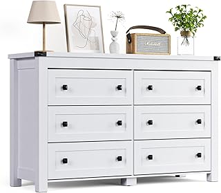 HUANLEGO Dresser for Bedroom with 6 Deep Drawers, Modern Chest of Drawers, Wood Rustic Wide Storage Drawers Dressers Organizer for Closet, Living Room, Hallway, Nursery, White